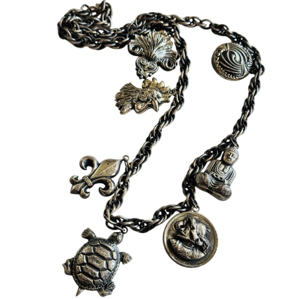Joseff of Hollywood Regal Necklace Signed Charm Dangle VTG Silver Statement Rare